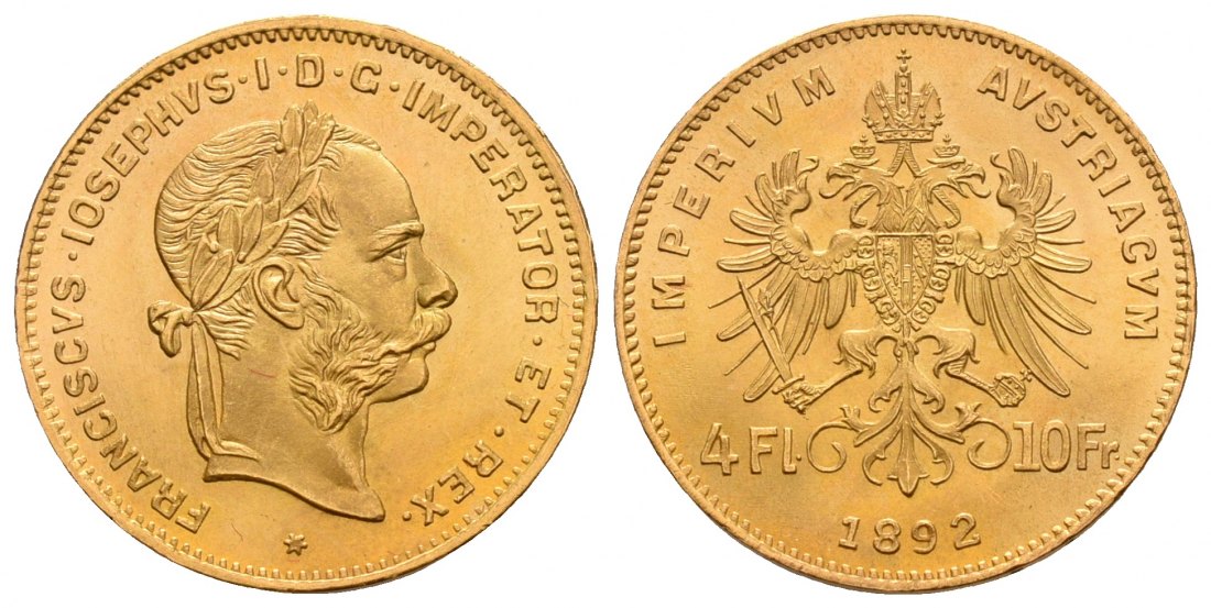 PEUS 5230 Österreich 2,9 g Feingold. Franz Joseph I. (1848 - 1916) 4 Gulden (NP) GOLD 1892 Stempelglanz