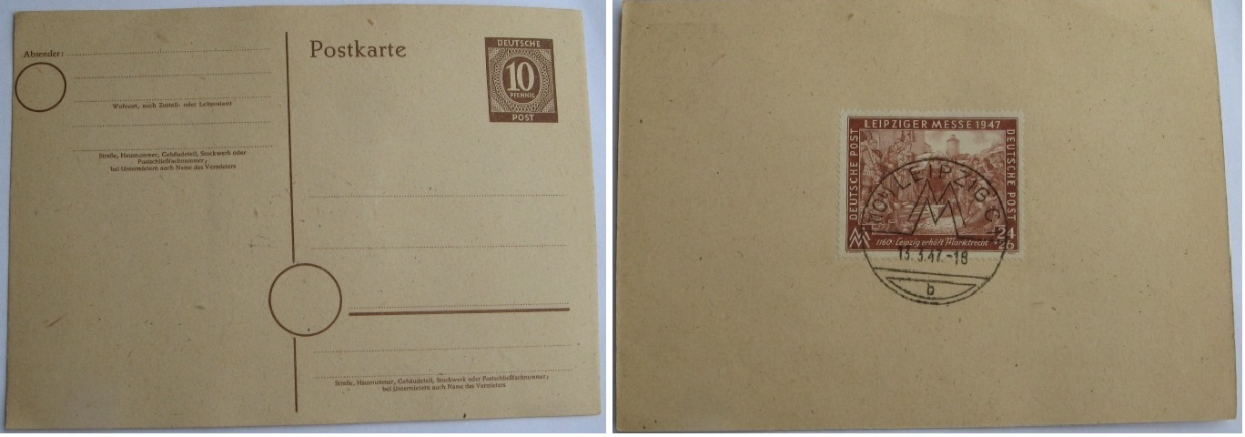  1947, Deutschland,Alliierte Besetzung, zwei Postkarten mit Briefmarkenserie: Leipzig Spring Fair   