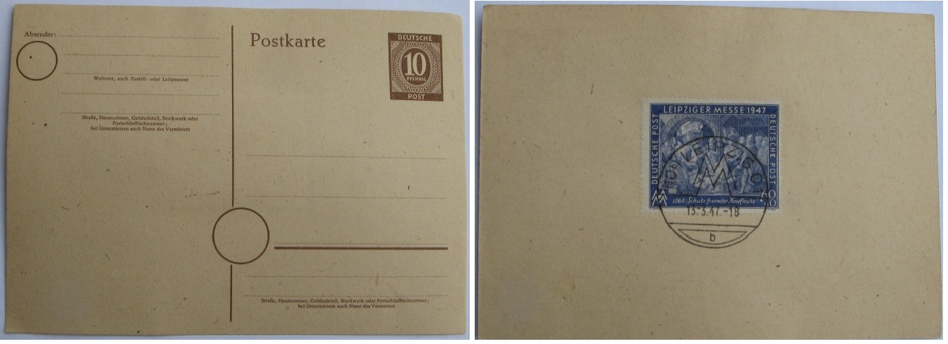  1947, Deutschland,Alliierte Besetzung, zwei Postkarten mit Briefmarkenserie: Leipzig Spring Fair   