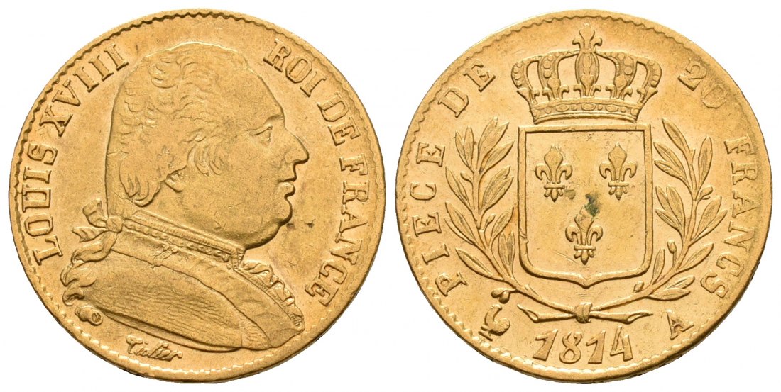 PEUS 5275 Frankreich 5,81 g Feingold. Paris. Ludwig XVIII. (1814 - 1824) 20 Francs GOLD 1814 A Kl. Kratzer, Sehr schön