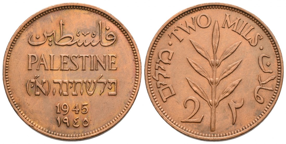 PEUS 5346 Palästina  2 Mils BRONZE 1942 Vorzüglich
