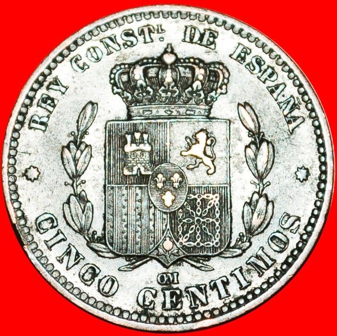  * BARCELONA (1877-1879): SPANIEN ★ 5 CENTIMOS 1877OM! Alfons XII. (1874-1885) OHNE VORBEHALT!   