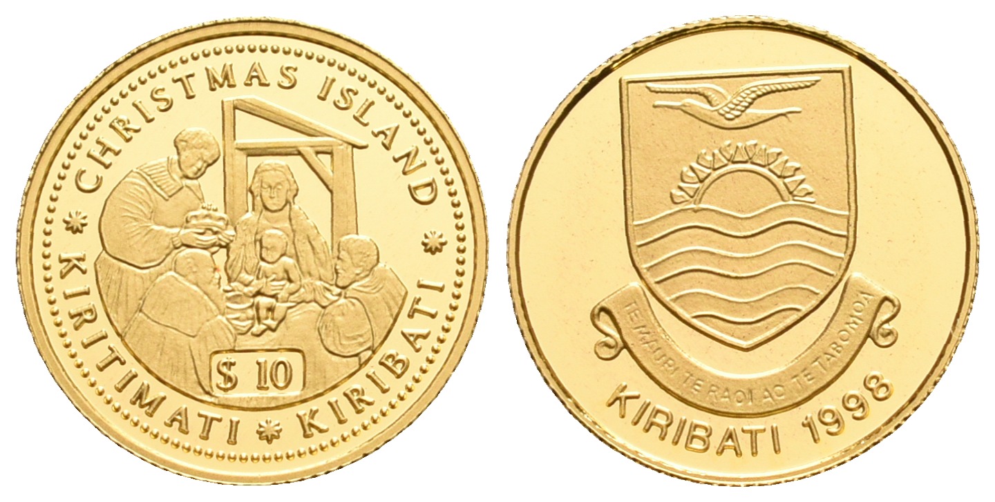 PEUS Kiribati 1,24 g Feingold. Heilige drei Könige 10 Dollars GOLD 1998 Proof (Kapsel)