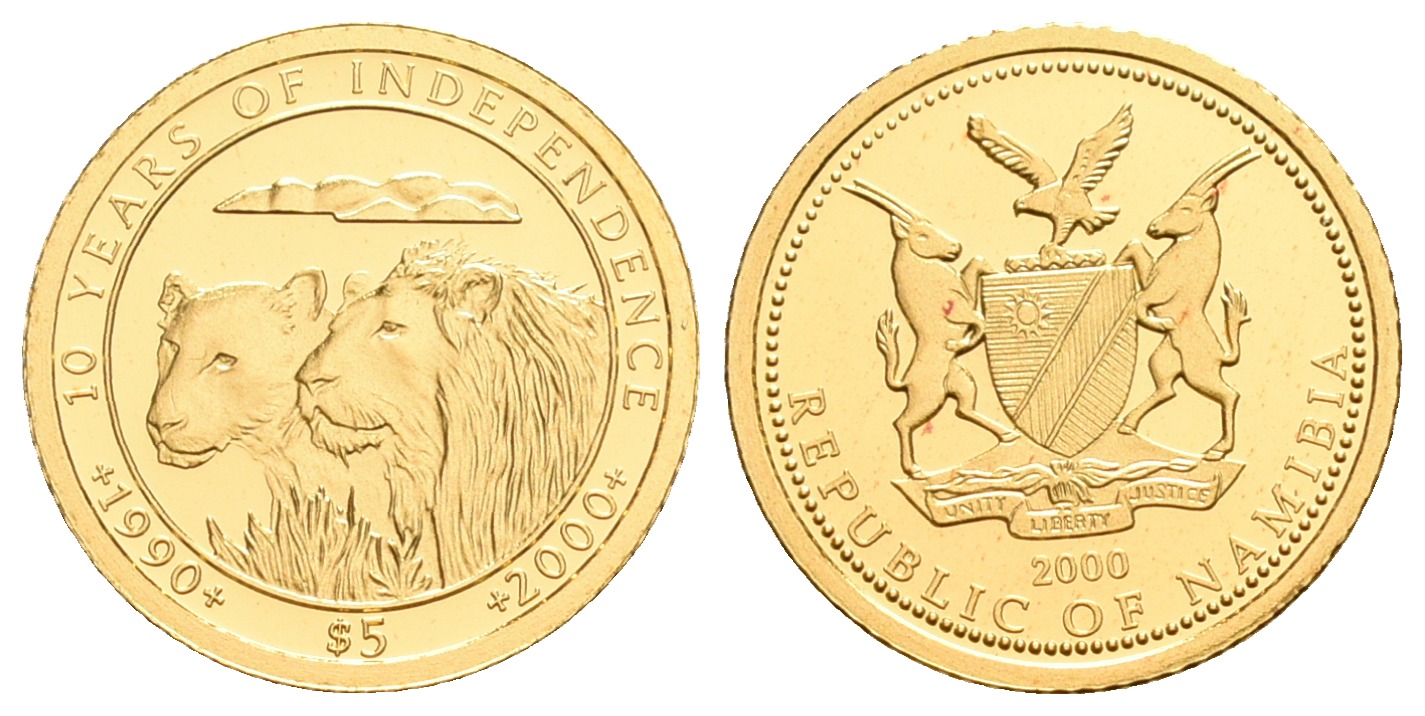 PEUS 5565 Namibia 1,24 g Feingold. 10 Jahre Unabhängigkeit - Zwei Löwen 5 Dollars GOLD 2000 Proof (Kapsel)