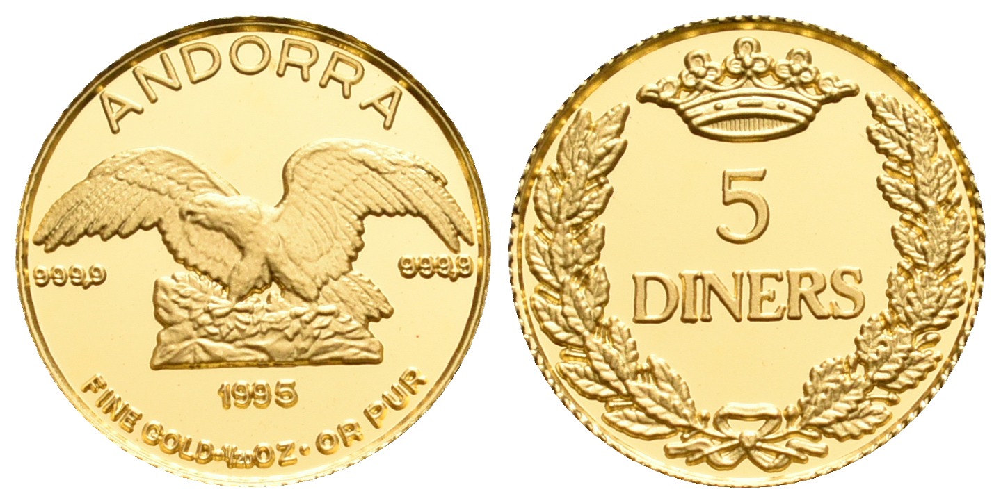 PEUS 5577 Andorra 1,55 g Feingold. Adler 5 Diners GOLD 1995 Proof (Kapsel)