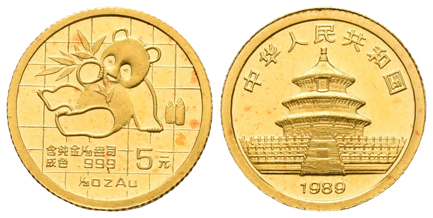 PEUS 5887 China 1,56 g Feingold. Sitzender Panda mit Bambus vor Gitterdesign 5 Yuan GOLD 1/20 Unze 1989 Kl. rote Flecken, Uncirculated