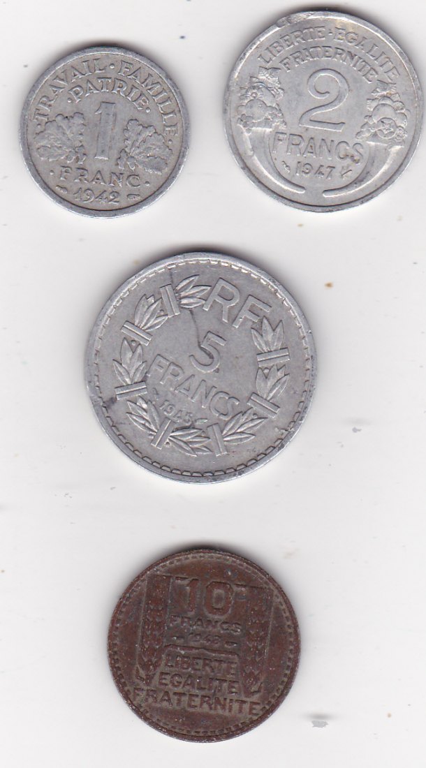  Frankreich, 1 Franc 1942, 2 Franc 1947, 5 Franc 1945, 10 Franc 1948   