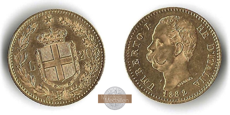 Italien MM-Frankfurt Feingold: 5,81g 20 Lire 1882 