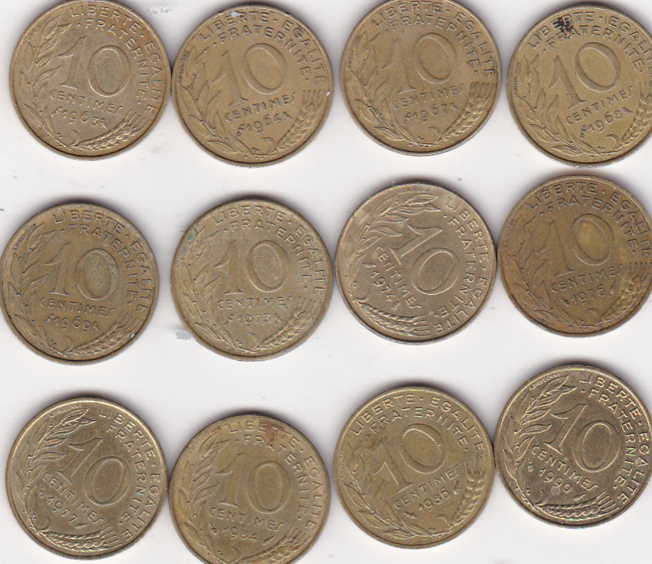  Frankreich, 12 x 10 Centimes 1963 - 1990   