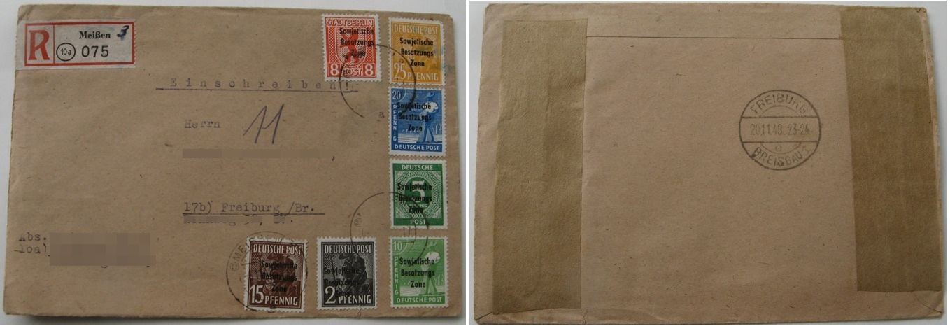  1948, Deutschland, ein Umschlag mit einem Satz 7 Briefmarken aus der sowjetischen Besatzungszone   