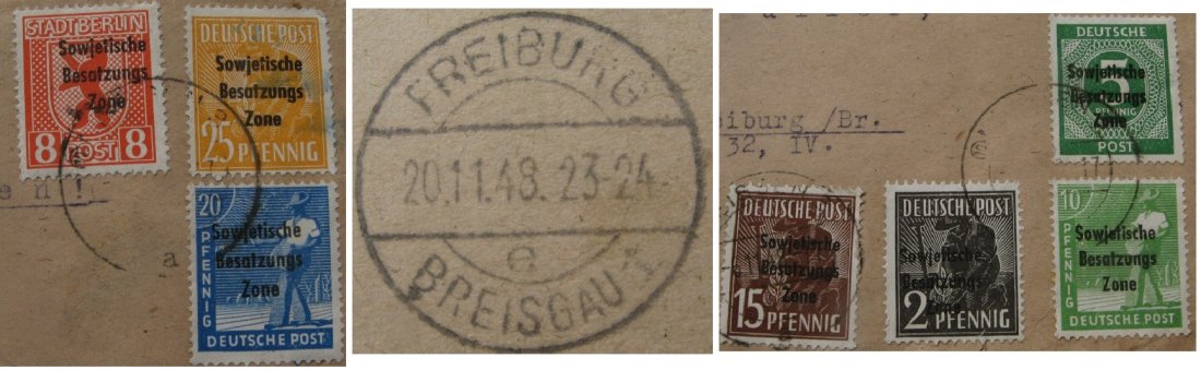  1948, Deutschland, ein Umschlag mit einem Satz 7 Briefmarken aus der sowjetischen Besatzungszone   