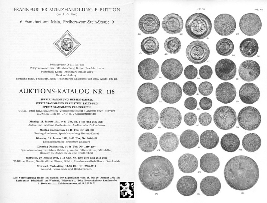  Button (Frankfurt) Auktion 118 (1971) Spezialsammlung Hessen Kassel / Sammlung Erzbistum Salzburg ua   