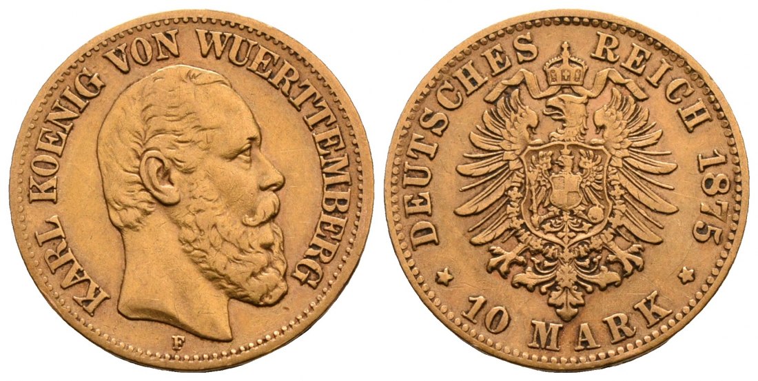 PEUS 6146 Württemberg - Kaiserreich 3,58 g Feingold. Karl (1864 - 1891) 10 Mark GOLD 1875 F Stuttgart Kl. Kratzer, Sehr schön