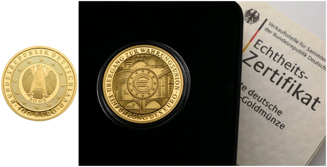 PEUS 6129 BRD 15,55 g Feingold. Währungsunion MIT Etui + Zertifikat 100 Euro GOLD 2002 J Hamburg Stempelglanz (in Kapsel)