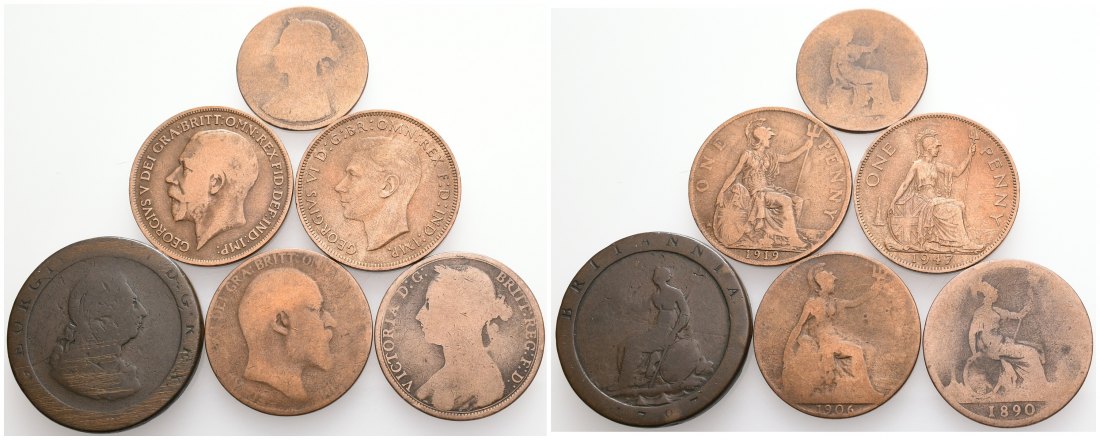 PEUS 6120 Großbritannien  Cu-Penny-Lot (6 Stück) 1797 - 1947 Meist Schön bis Sehr schön