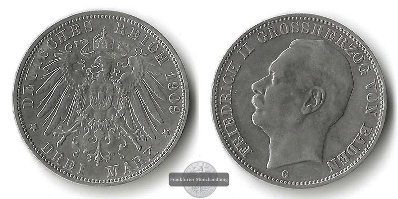  Baden, Kaiserreich  3 Mark  1909 G Friedrich II. 1907-1918   FM-Frankfurt    Feinsilber: 15g   