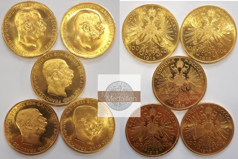 Österreich 5 x 100 Kronen  1915 NP MM-Frankfurt  Feingold: 152,45g Franz Joseph I  