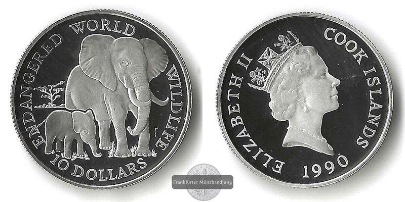  Cook Island,  10 Dollar  1990 Elephant with calf   FM-Frankfurt  Feinsilber: 9,25g   