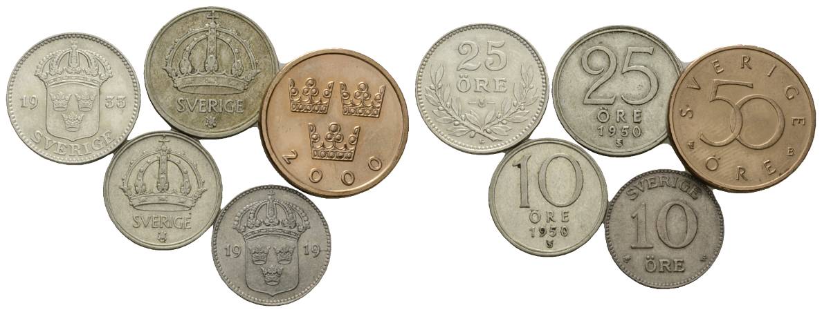  Schweden, 5 Kleinmünzen 1919-2000   