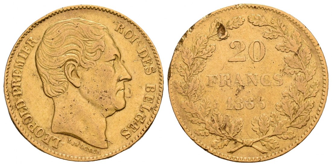 PEUS 6213 Belgien 5,81 g Feingold. Leopold I. (1831 - 1865) 20 Francs GOLD 1865 L.WIENER Sehr schön