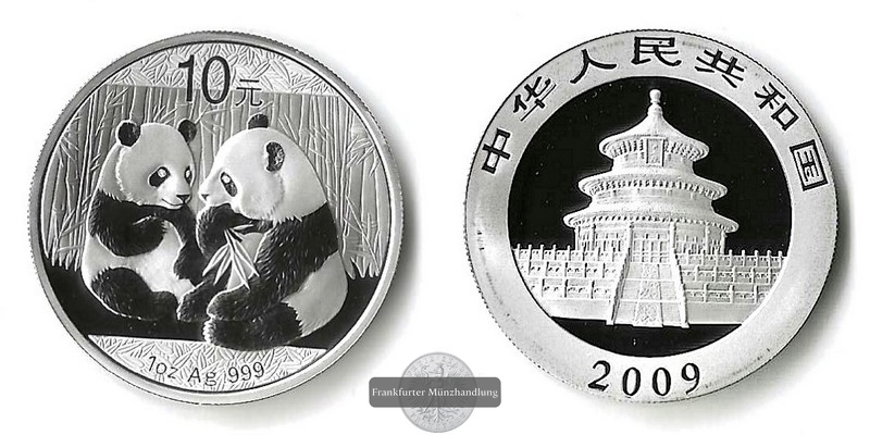  China, 10 Yuan 2009 Panda FM-Frankfurt Feinsilber: 31,1g   