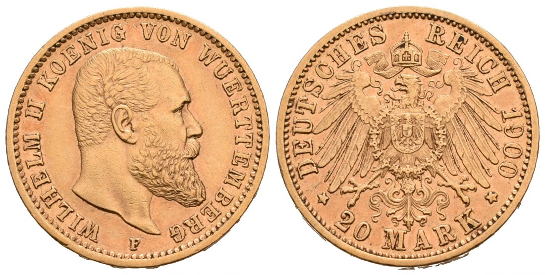 PEUS 6595 Kaiserreich - Württemberg 7,16 g Feingold. Wilhelm II. (1891 - 1918) 20 Mark GOLD 1900 F Kl. Kratzer, Sehr schön +
