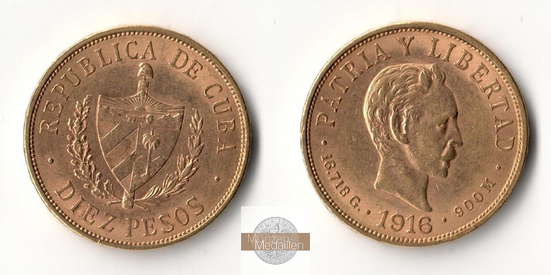 Kuba MM-Frankfurt  Feingold: 15,05g 10 Pesos 1916 