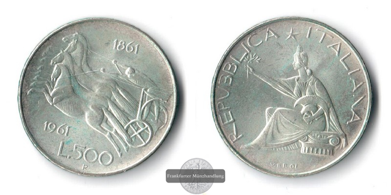  Italien  500 Lire  1961  Italienische Jahrhundertwende  FM-Frankfurt  Feinsilber: 9,19g   