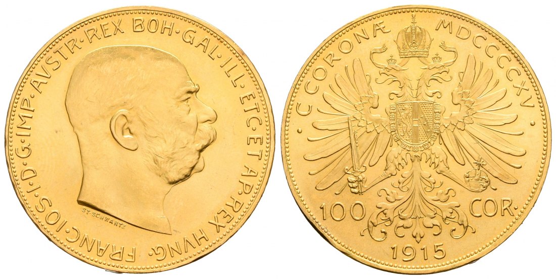PEUS 6644 Österreich 30,49 g Feingold. Franz Joseph (1848-1916) 100 Kronen (off.NP) GOLD 1915 Stempelglanz