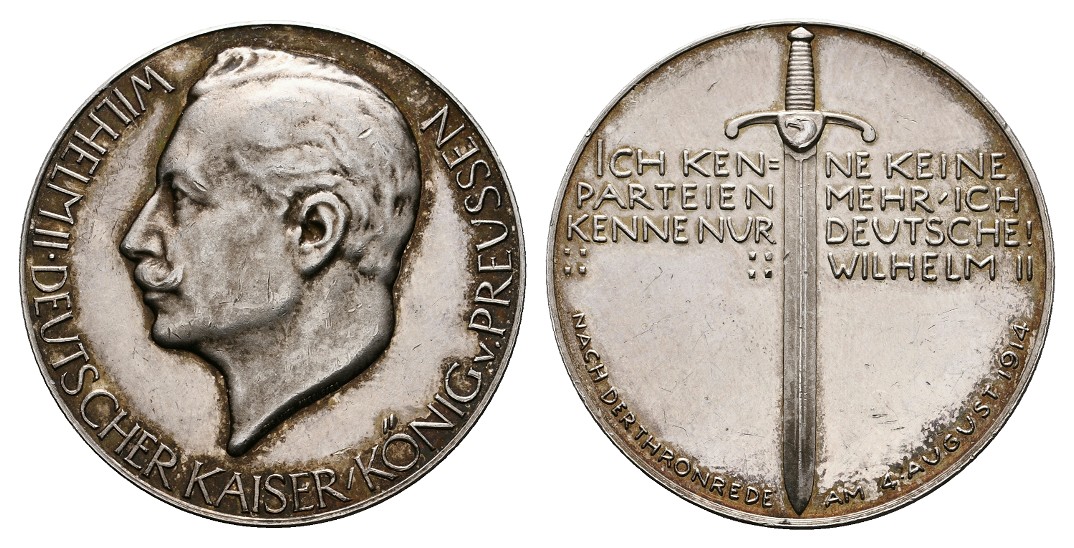  Linnartz 1.WELTKRIEG PREUSSEN Silbermed. 1914 (v.Lauer) Reichstagsrede, 33,5mm,17,4gr,vz+   