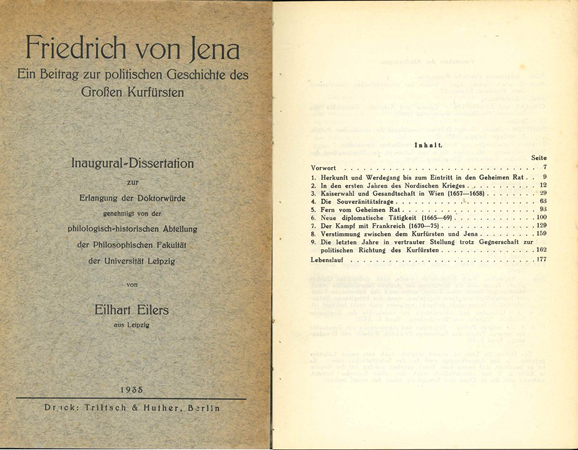  Eilers, Eilhart; Friedrich von Jena; Ein Beitrag zur politischen Gschichte des Großen Kurfürsten   
