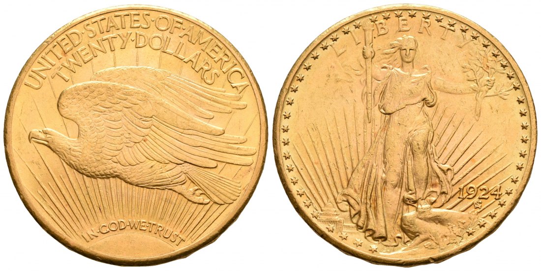 PEUS 6773 USA 30,1 g Feingold 20 Dollars GOLD 1924 Kl. Kratzer, Sehr schön +