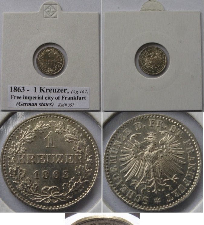  1863, Free imperial city of Frankfurt (German states), 1 Kreuzer, silver coin   