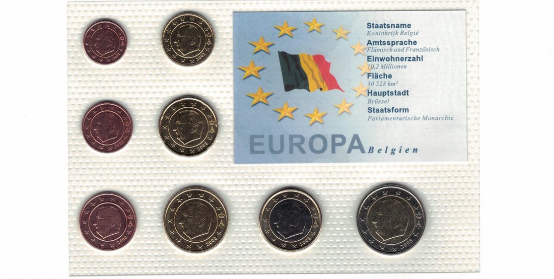  Belgien - KMS 1 ct - 2 Euro aus 2003 acht Münzen unzirkuiert in Noppenfolie   