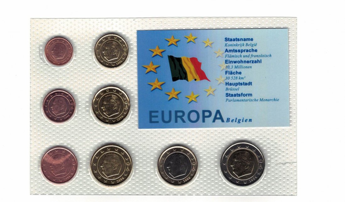  Belgien - KMS 1 ct - 2 Euro aus 2006 acht Münzen unzirkuiert in Noppenfolie   