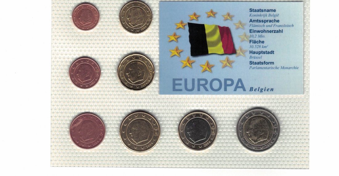 Belgien - KMS 1 ct - 2 Euro aus 2004 acht Münzen unzirkuiert in Noppenfolie   