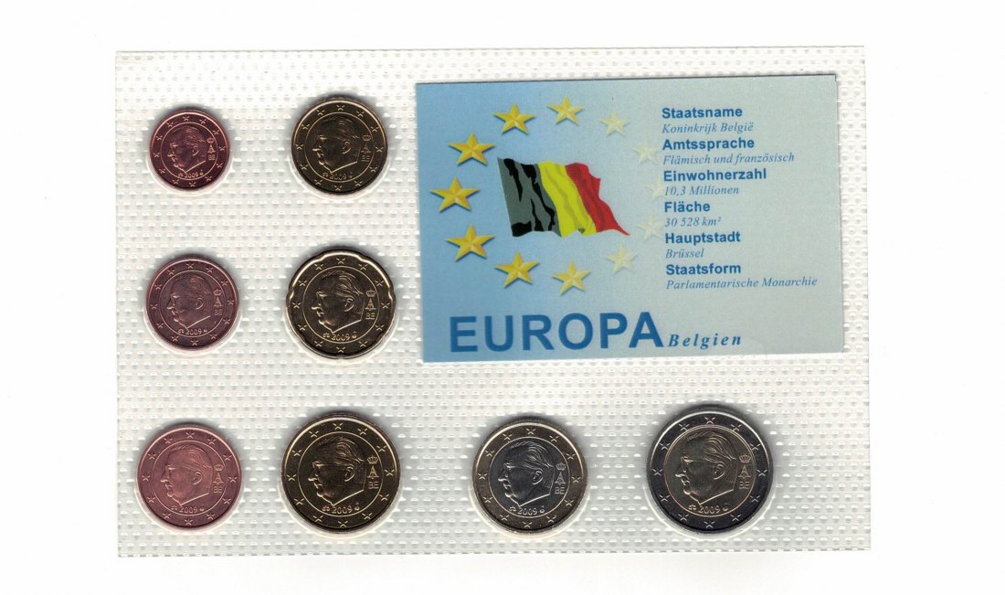  Belgien - KMS 1 ct - 2 Euro aus 2009 acht Münzen unzirkuiert in Noppenfolie   