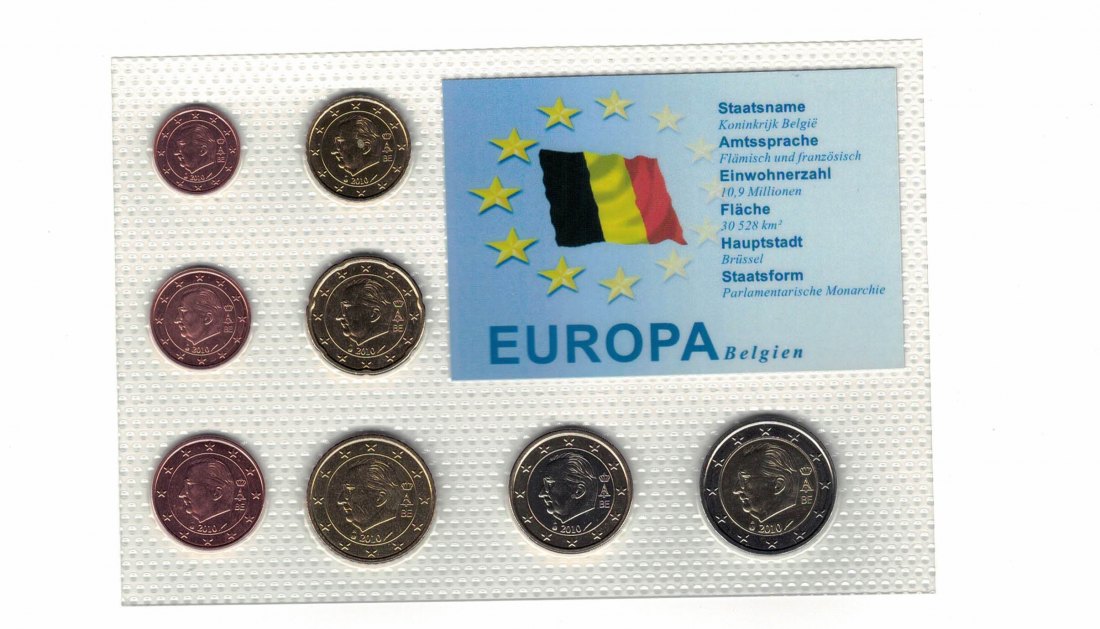  Belgien - KMS 1 ct - 2 Euro aus 2010 acht Münzen unzirkuiert in Noppenfolie   