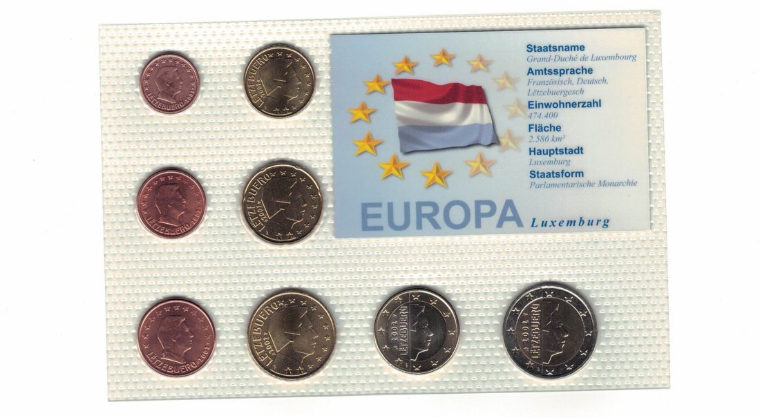  Luxemburg - KMS 1 ct - 2 Euro aus 2002 acht Münzen unzirkuiert in Noppenfolie   