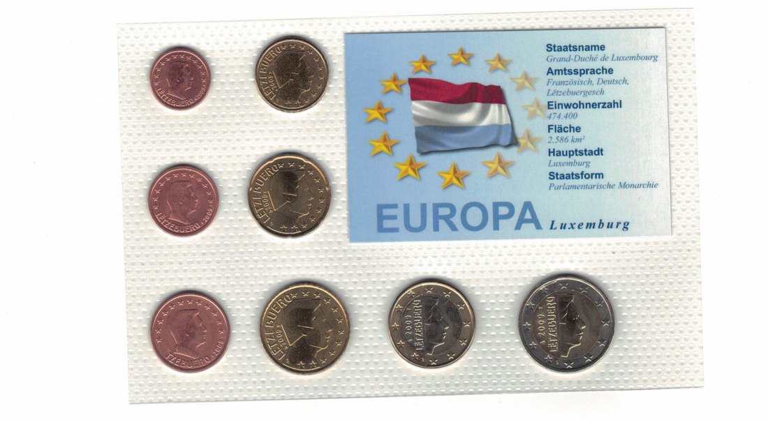 Luxemburg - KMS 1 ct - 2 Euro aus 2009 acht Münzen unzirkuiert in Noppenfolie   