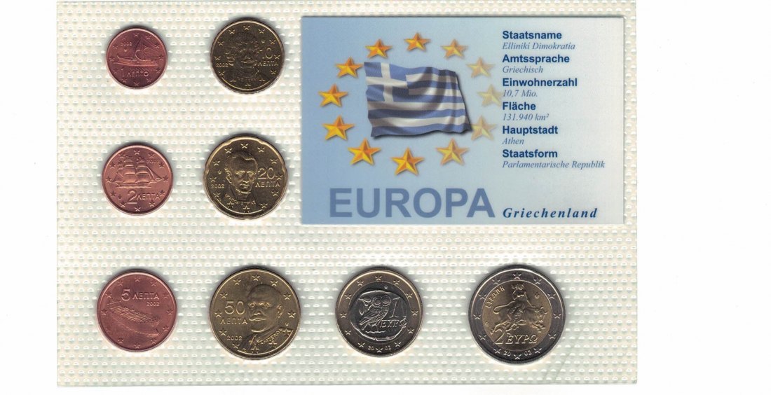  Griechenland - KMS 1 ct - 2 Euro aus 2002 acht Münzen unzirkuiert in Noppenfolie   