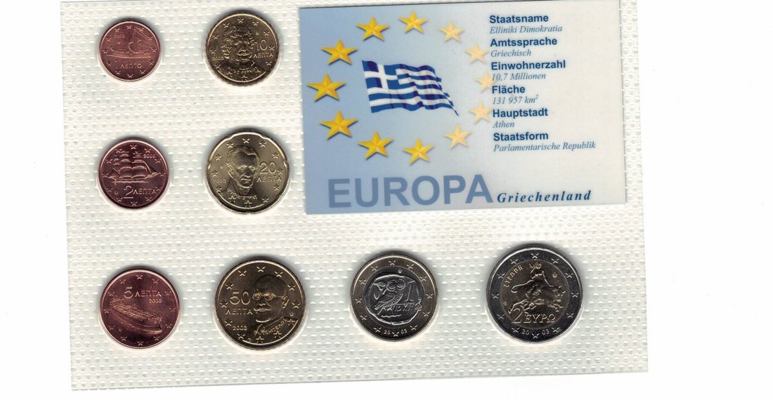  Griechenland - KMS 1 ct - 2 Euro aus 2003 acht Münzen unzirkuiert in Noppenfolie   