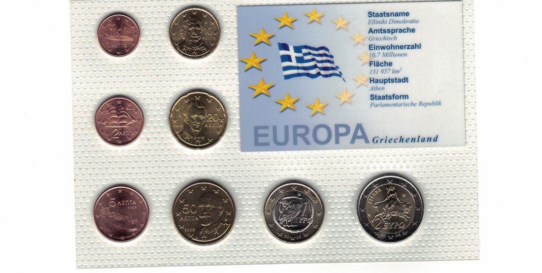  Griechenland - KMS 1 ct - 2 Euro aus 2006 acht Münzen unzirkuiert in Noppenfolie   