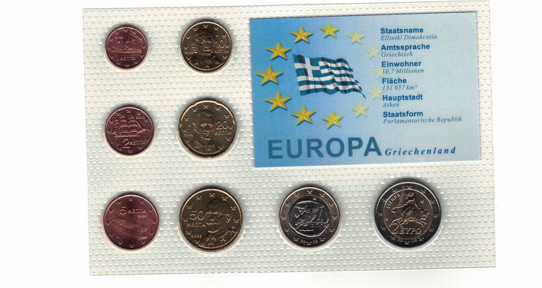  Griechenland - KMS 1 ct - 2 Euro aus 2008 acht Münzen unzirkuiert in Noppenfolie   