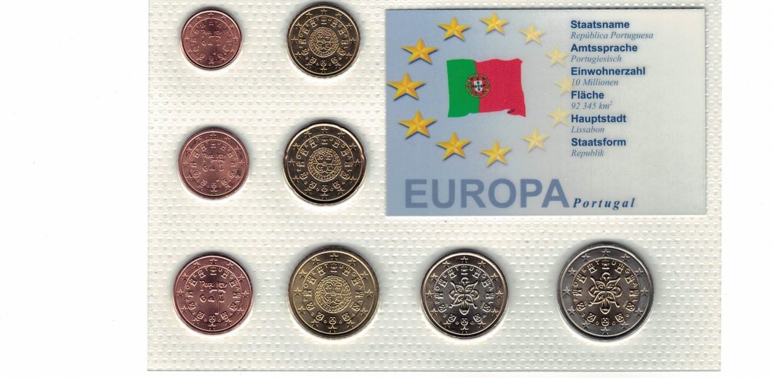  Portugal - KMS 1 ct - 2 Euro aus 2004 acht Münzen unzirkuiert in Noppenfolie   