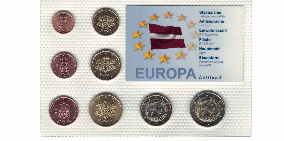  Lettland - KMS 1 ct - 2 Euro aus 2014 acht Münzen unzirkuiert in Noppenfolie   