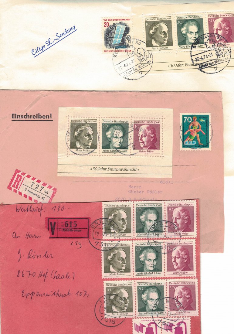 Bundesrepublik drei Briefe -Einschreiben-Wertbrief je mit Frauenwahlrecht-Block u. a.  1971 Einschreiben - Wertbrief  - gestempelt