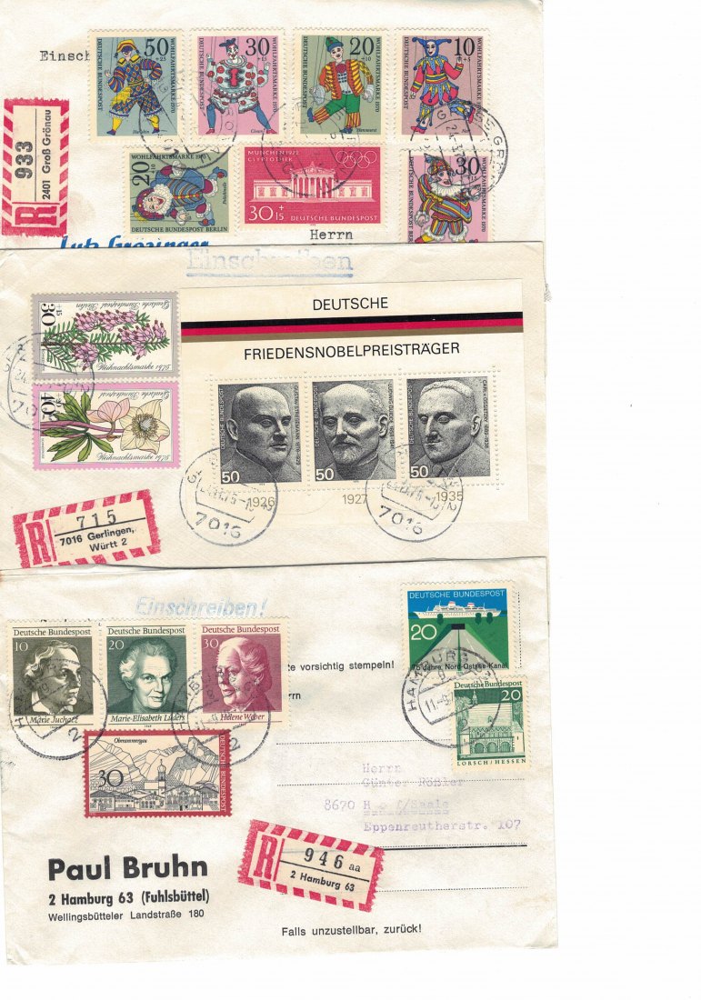 Bundesrepublik drei Einschreiben je Blöcken und Zuschlagsmarken  1971 Einschreiben - gestempelt