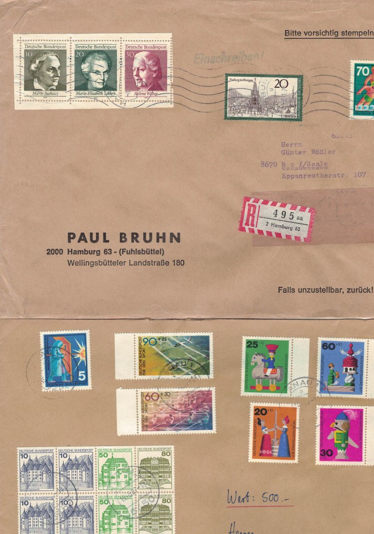 Bundesrepublik Wertbrief und Normalbrief mit Block und Zuschlagsmarken  1971 Einschreiben - gestempelt