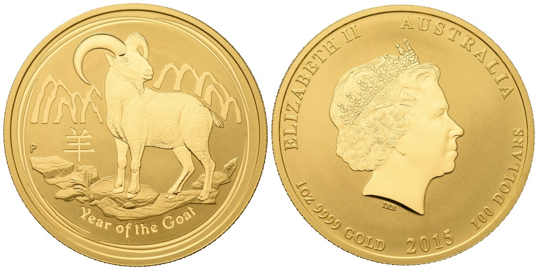 PEUS 7028 Australien 31,1 g Feingold. Jahr der Ziege 100 Dollars GOLD Unze 2015P Uncirculated (in Kapsel)